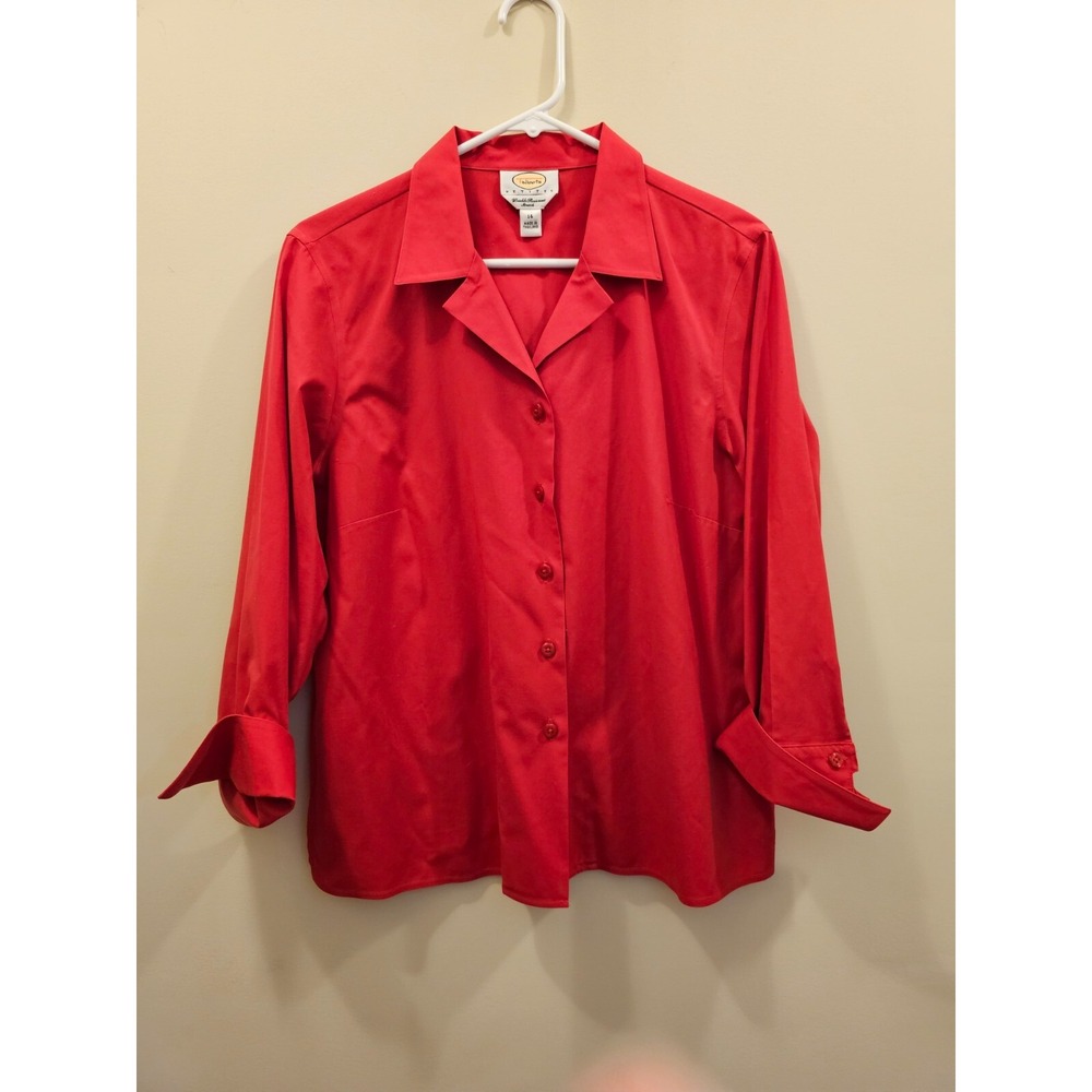 Talbots Button Down Shirt Womens 14P Red Wrinkle Resistant Stretch 3/4 Sleeve